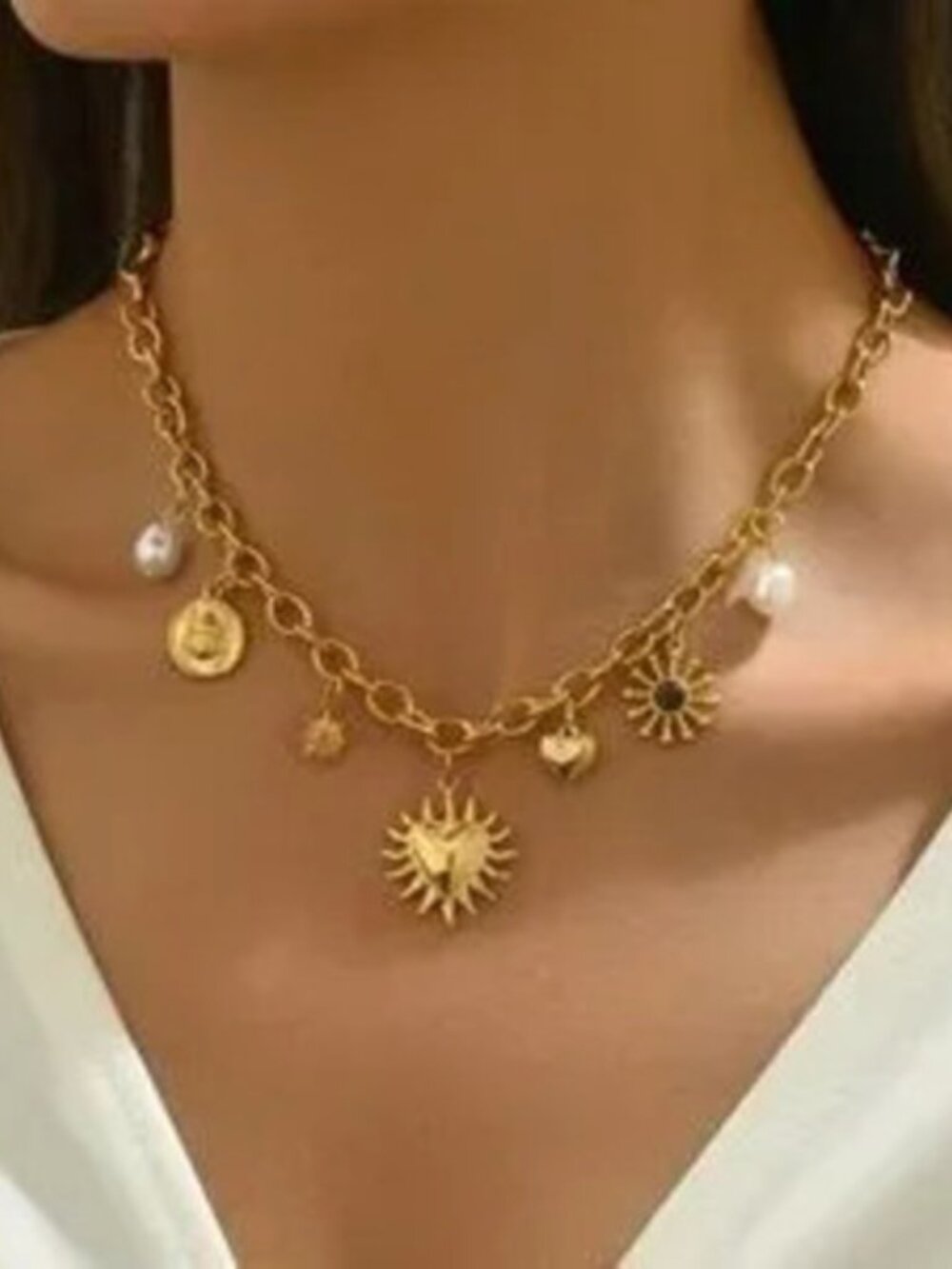 Gold Stainless Steel Sun Heart Charm Necklace